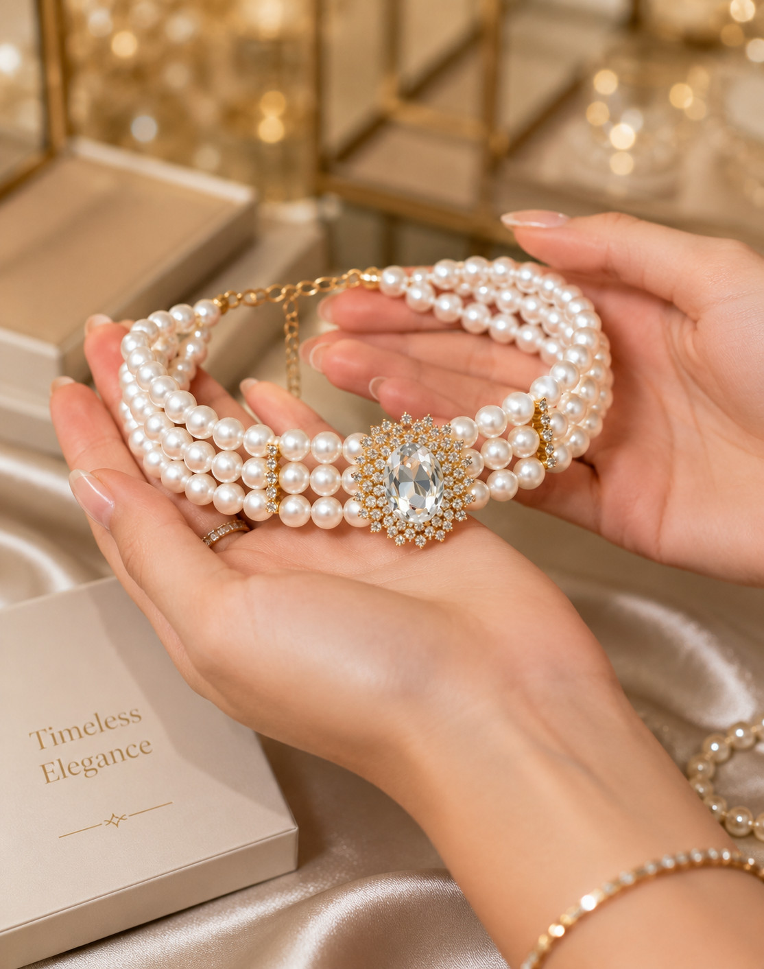 3-Layer Faux Pearl Choker Necklace Women Gold-Tone Crystal Pendant Bridal Gift