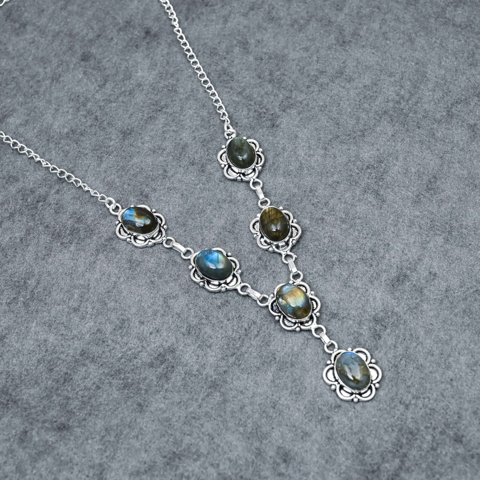 Silver Plated Labradorite Y-Necklace | Multi-Stone Milgrain Cabochon | Artisan