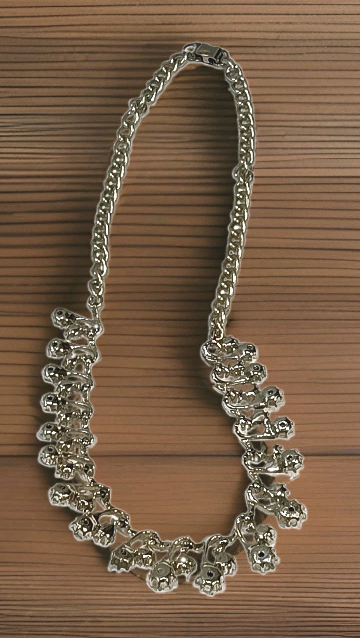 Vtg Mid Century Aurora Borealis Rhinestone Fringe Necklace Heavy Gold Tone 19″