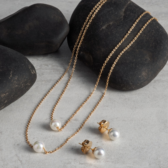 JOIA De Majorca 8mm Organic Man-Made Pearl Double Chain Necklace & 8mm Stud E…