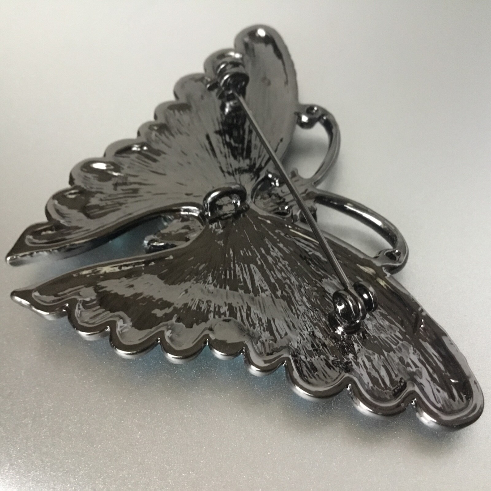 Butterfly Pin Pendant Black Metal Blue Pave Rhinestones