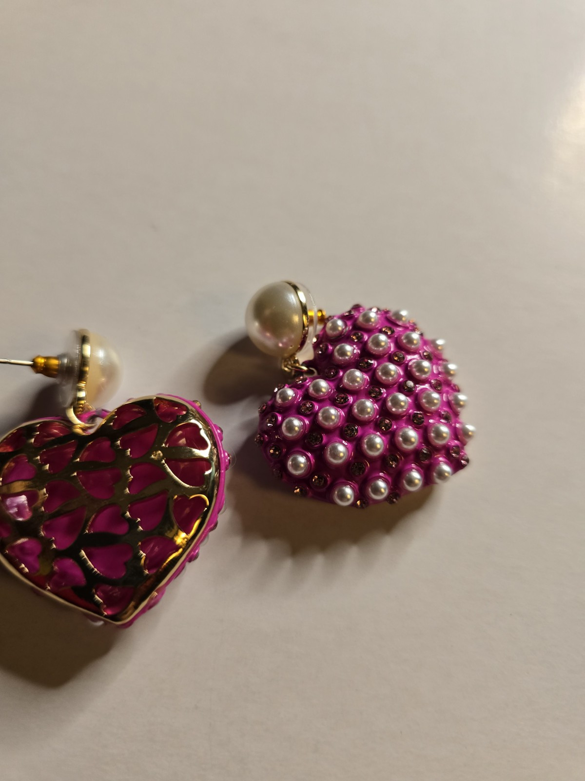 BETSEY JOHNSON Pink Heart Shape Drop Earrings With Pearl Accents