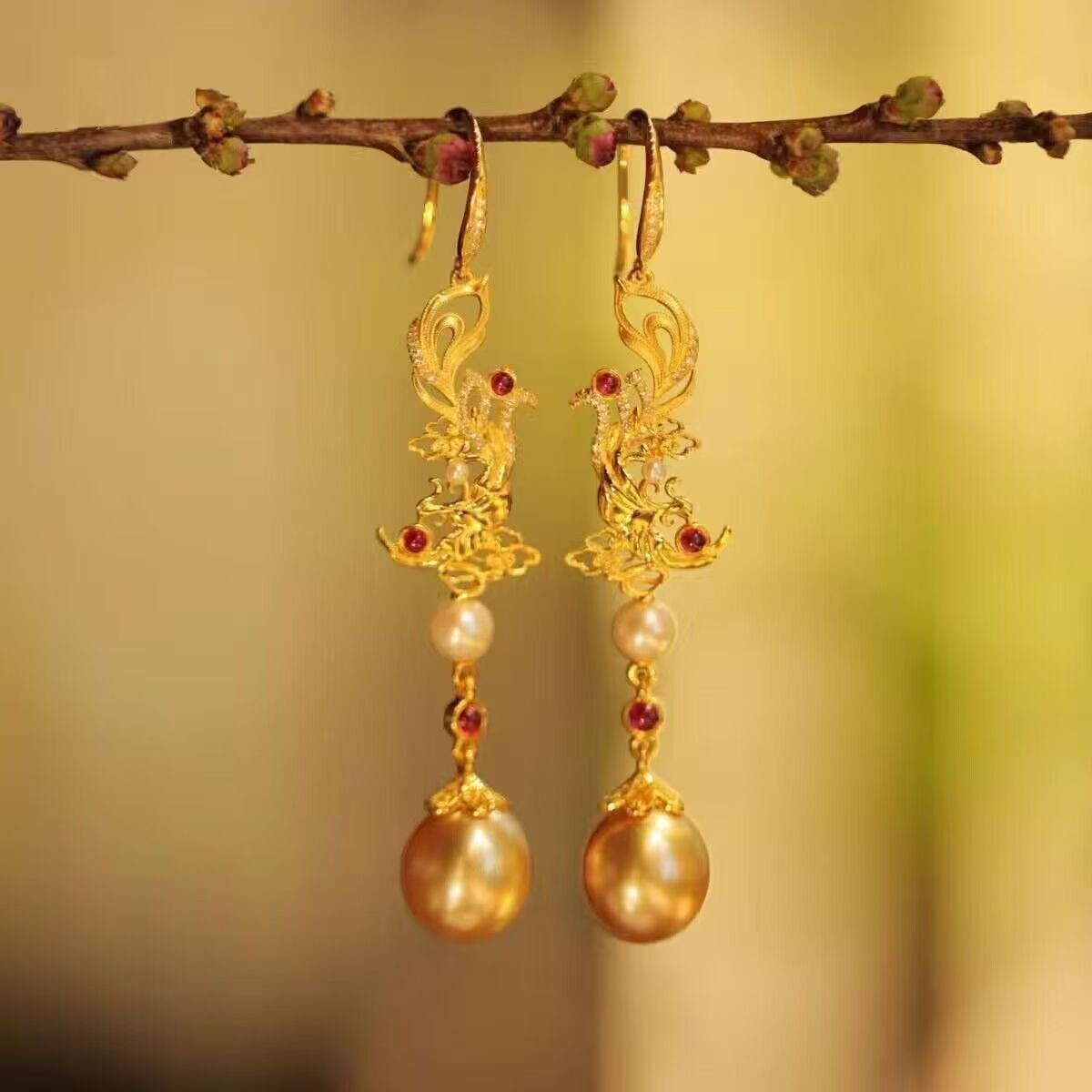 New Chinese Gold Filigree Enamel Phoenix Tassel Earrings Hanfu Cheongsam