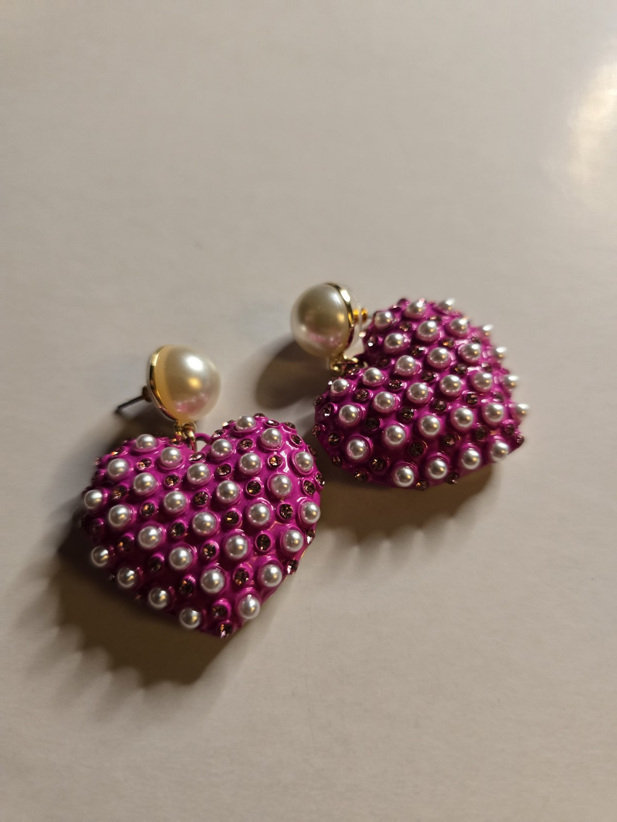 BETSEY JOHNSON Pink Heart Shape Drop Earrings With Pearl Accents