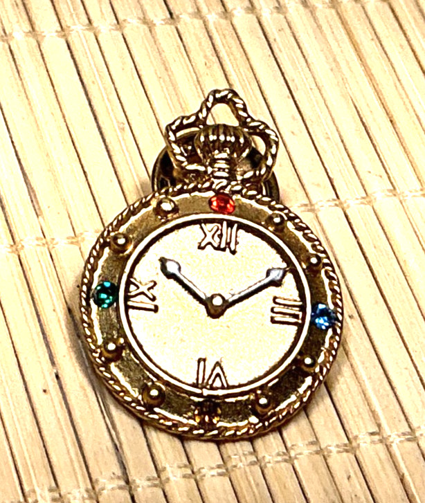 Fashion Pin Cast Gold Tone Multi Color Rhinestone Clock 93B