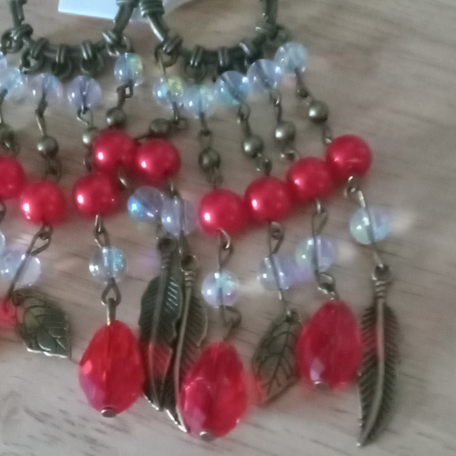 Red Beaded Dangle/Drop Earrings Pair, Metal Plastic, Hook Closure, Lobe