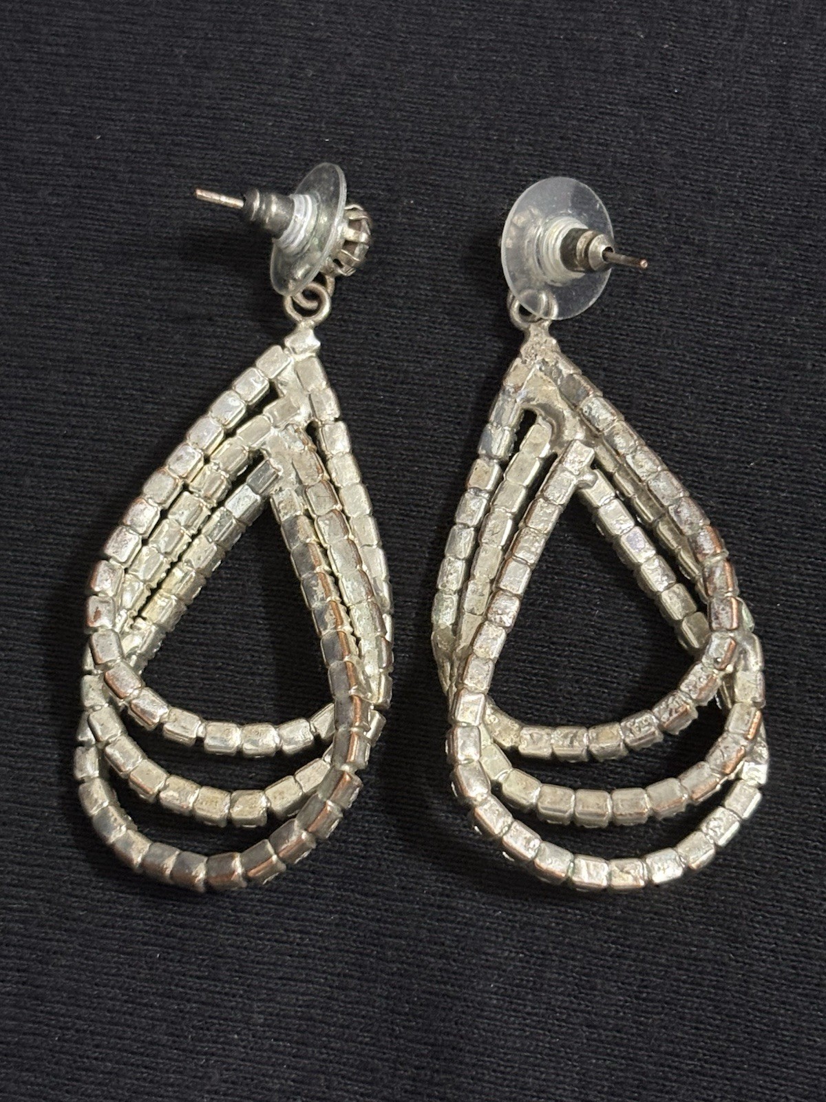 Vintage Rhinestone Teardrop Dangle Earrings Silver Tone Open Drop Statement
