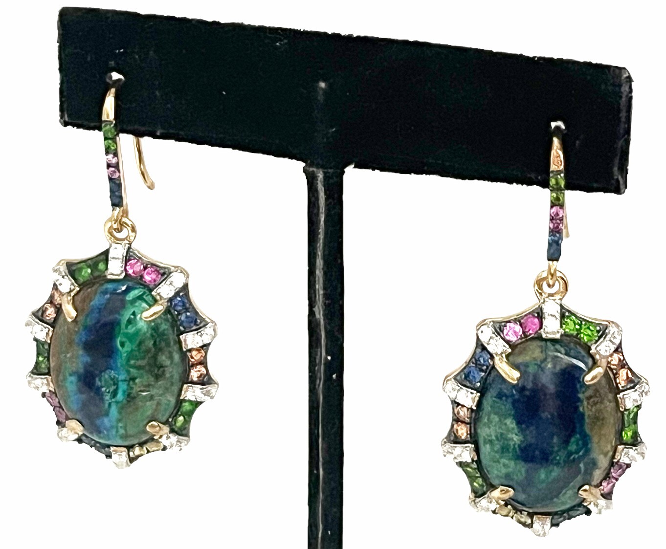 Rarities Azurite Malachite Sapphires Scalloped SS GoldClad Drop Earrings $599