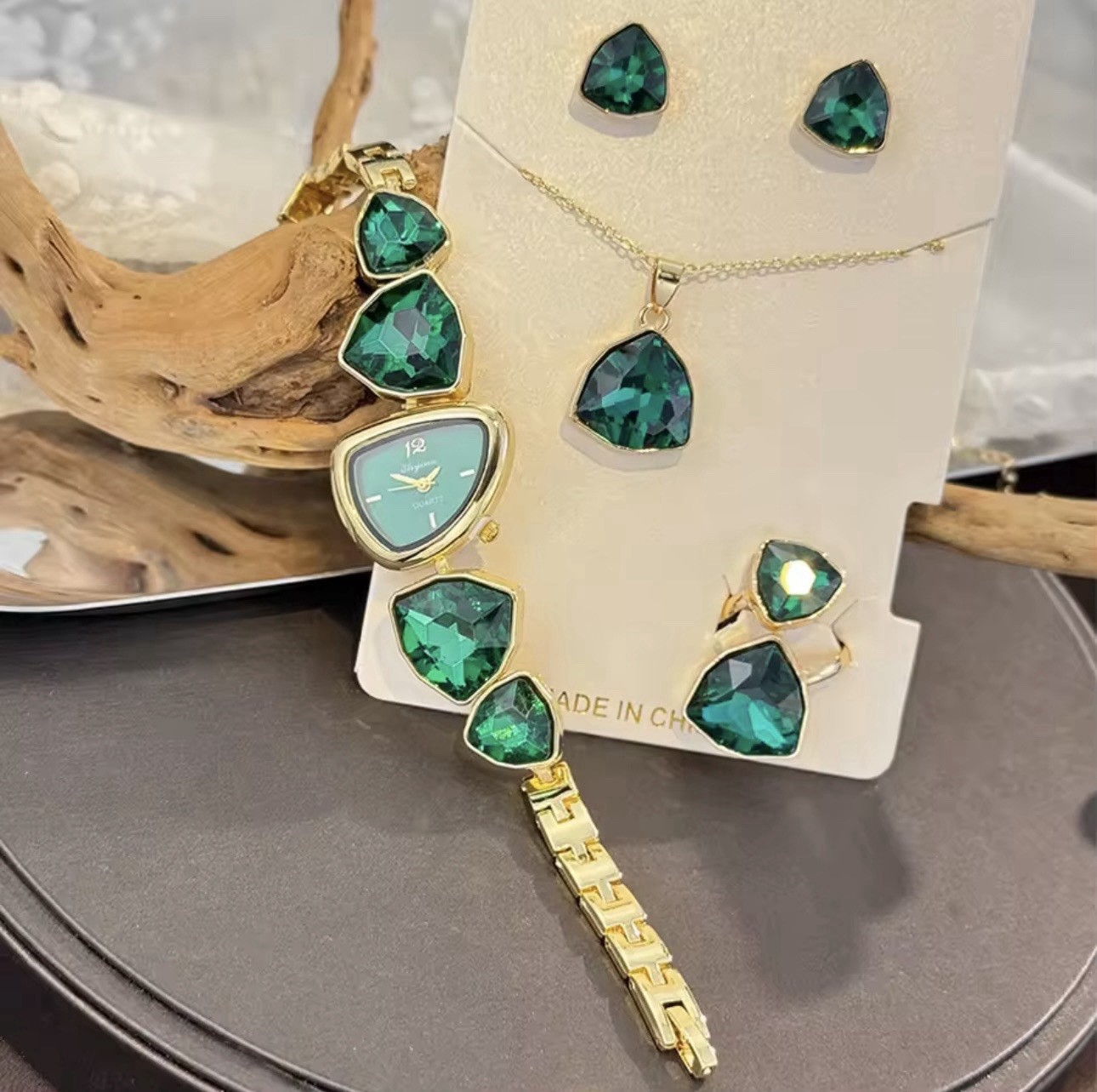 Women’s Green Crystal Jewelry Set Watch Necklace Earrings Ring Gold Tone