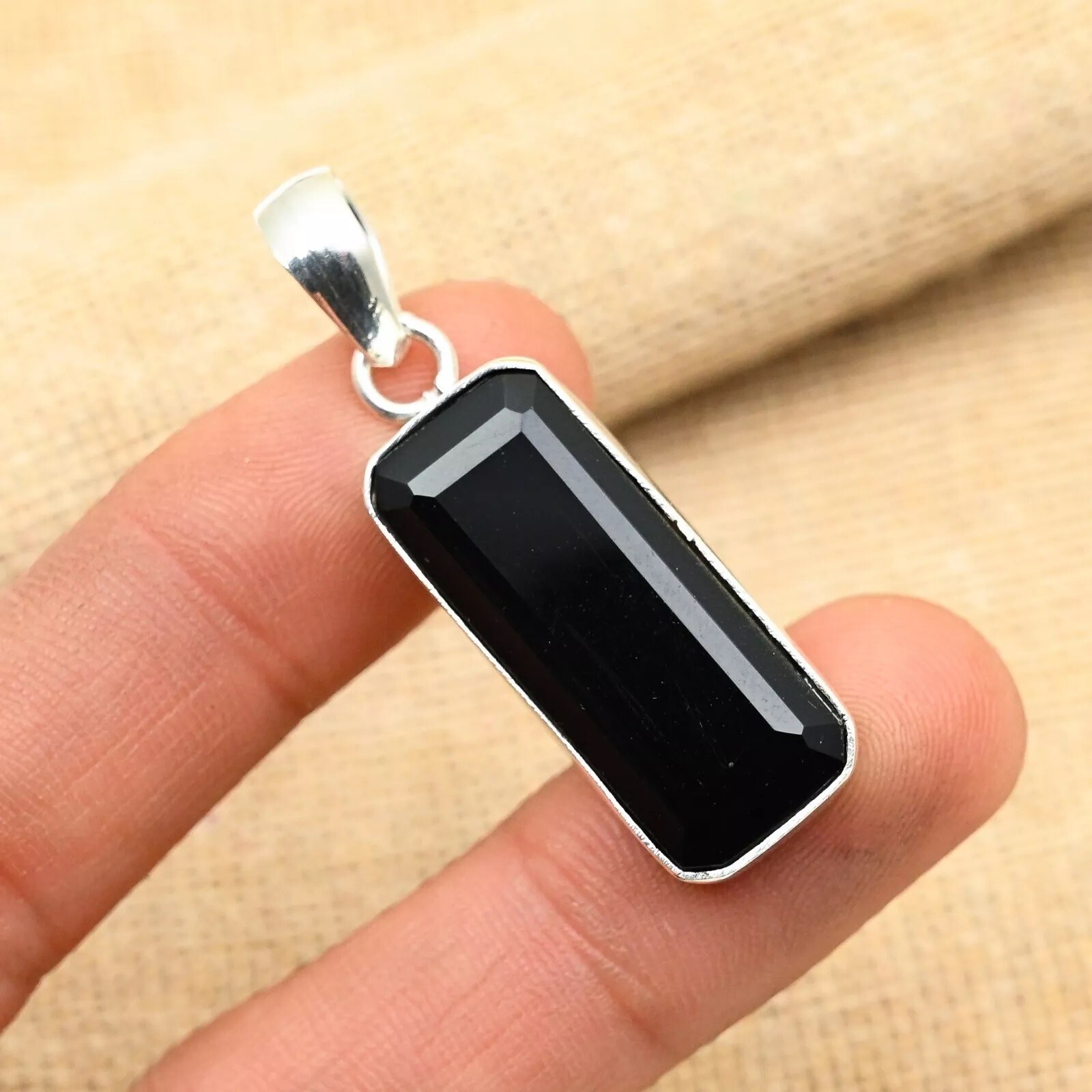 Black Spinel Gemstone Handmade Emerald CutSterling Silver Jewelry Pendant 25 Ct
