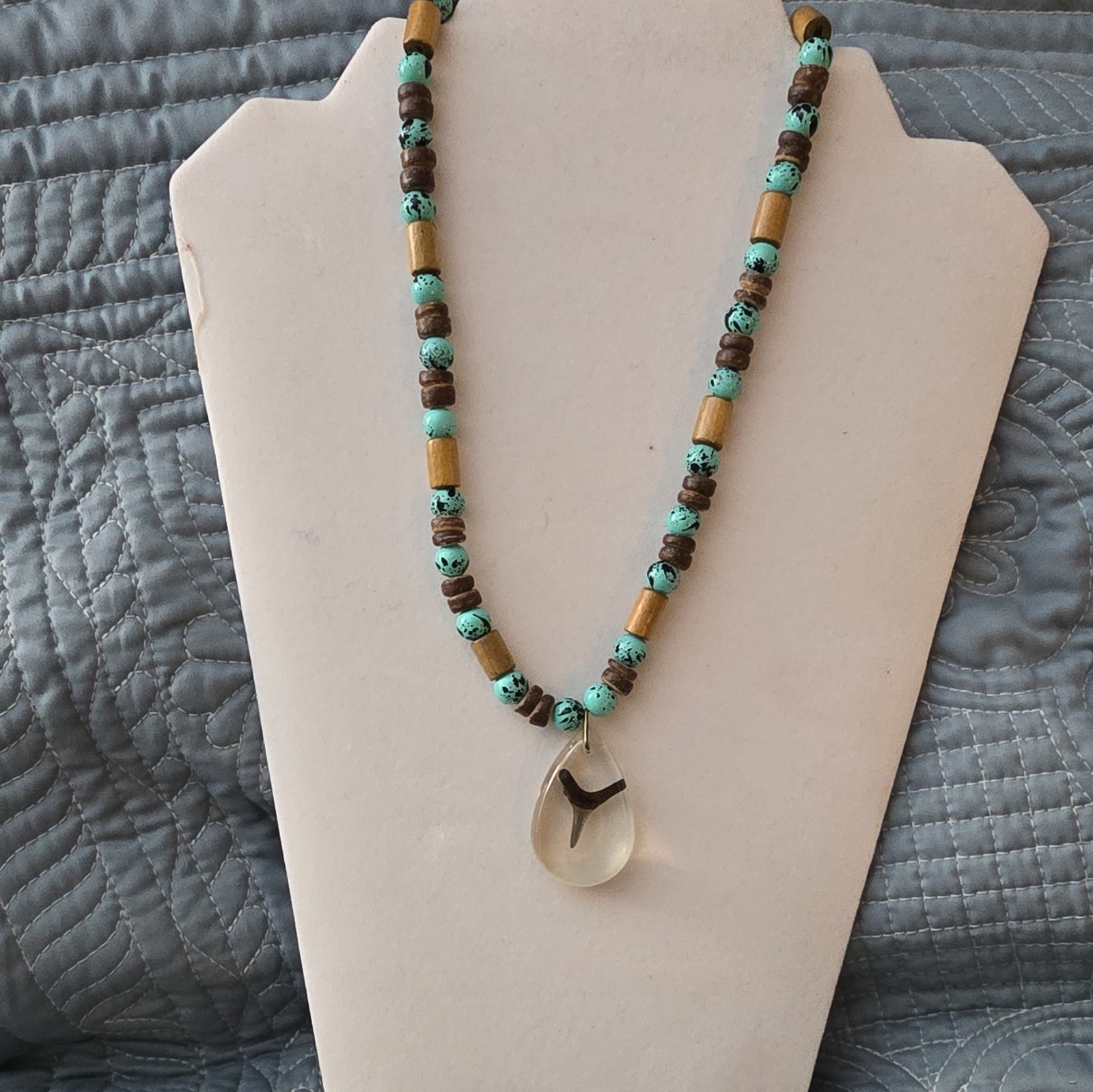 Handmade Resin Shark Tooth Pendant Beaded Necklace, Turquoise Brown Wood Beads