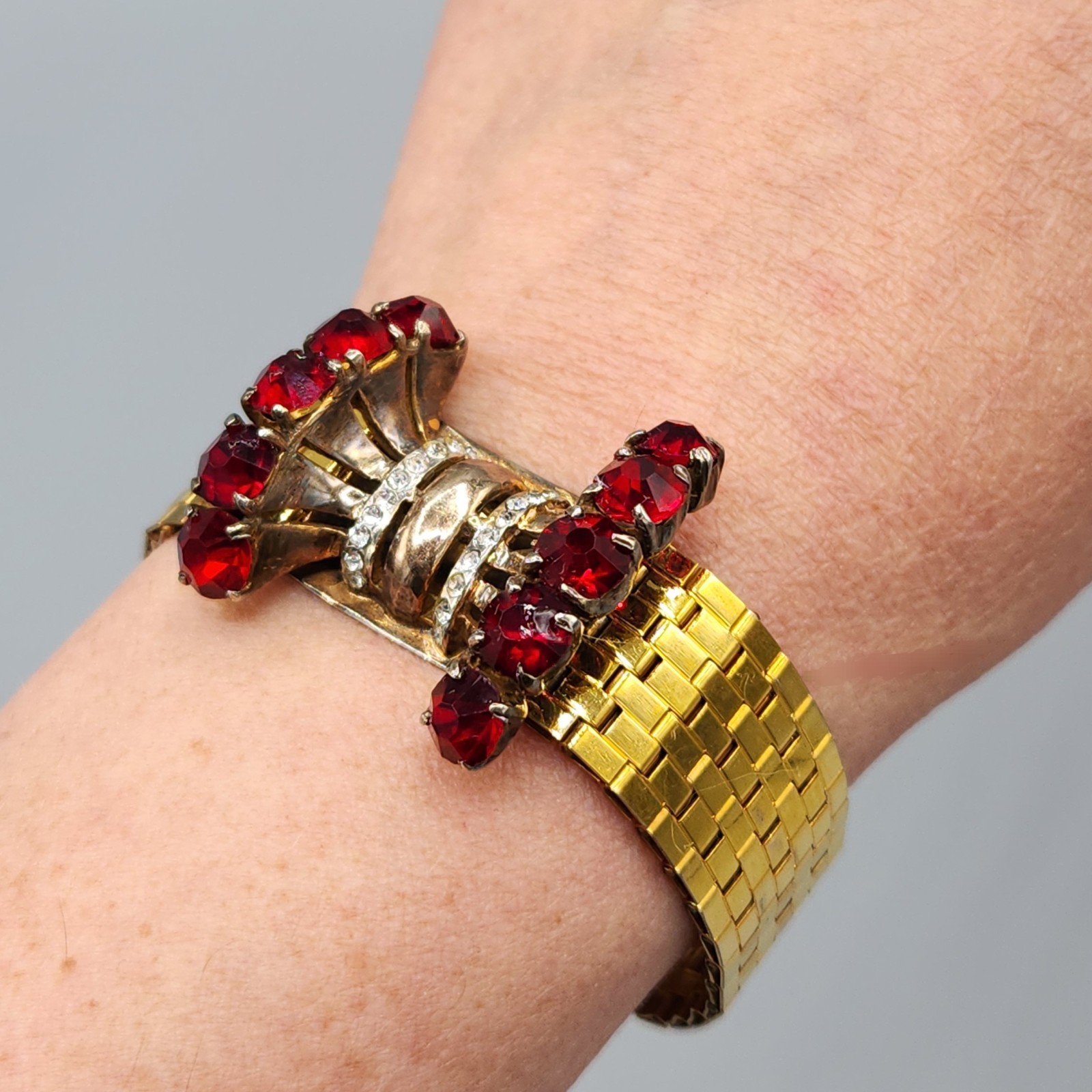 Unsigned Reinad Retro 12K GF Red Paste Crystal Brick Link Cuff Bracelet 6.5″