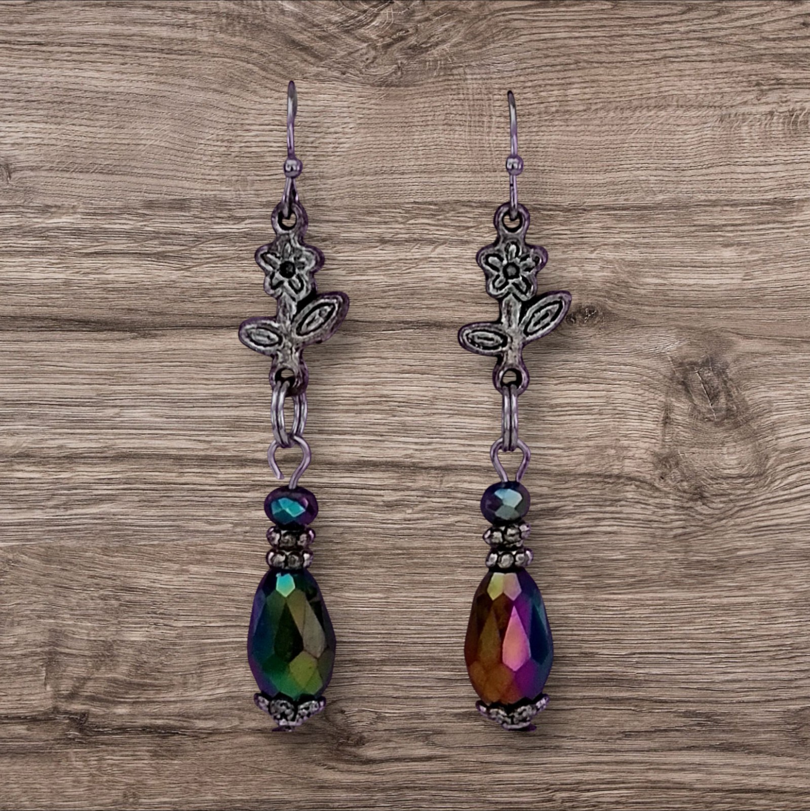 Handcrafted IRRIDESCENT BEADS SILVERTONE FLOWERS Double-Sided Dangle Earrings