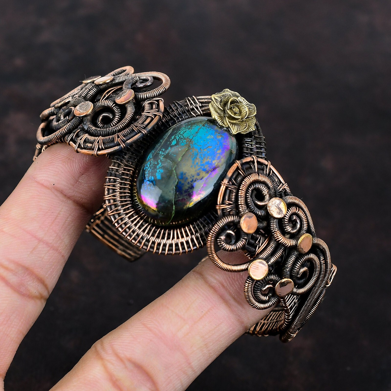 Gift For Her Mystic Fire Labradorite Wire Wrapped Flower Adjustable Cuff Copper