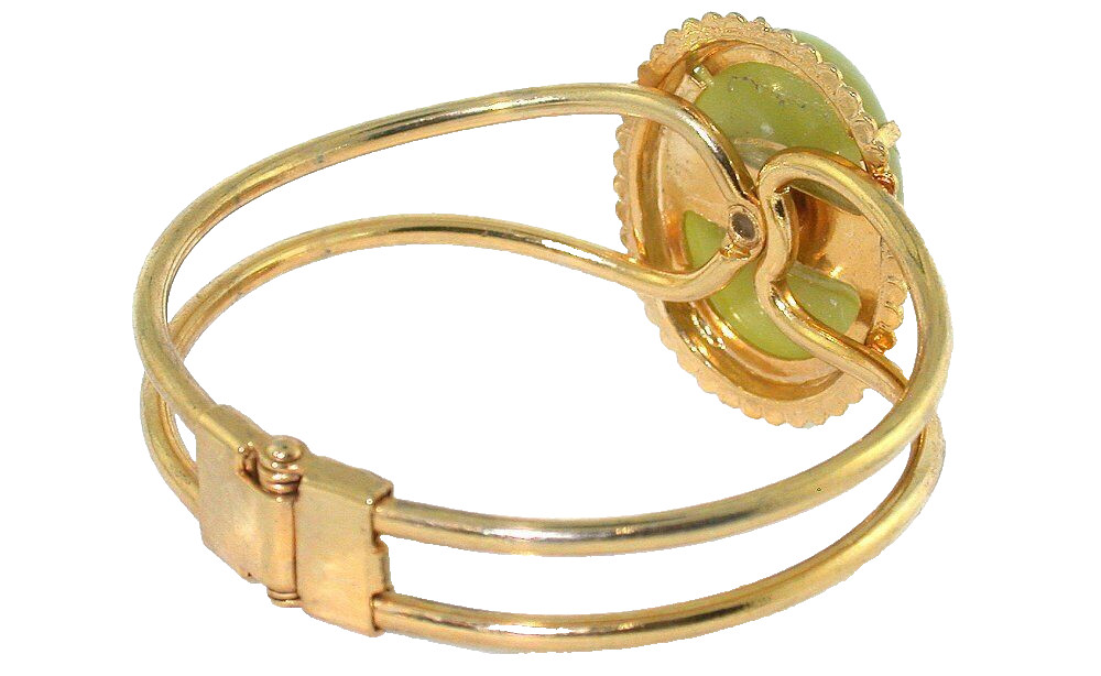 30×22 Green Jade Cabochon Spring Load 7 1/2 Inch Goldplated Cuff Bracelet ECB50