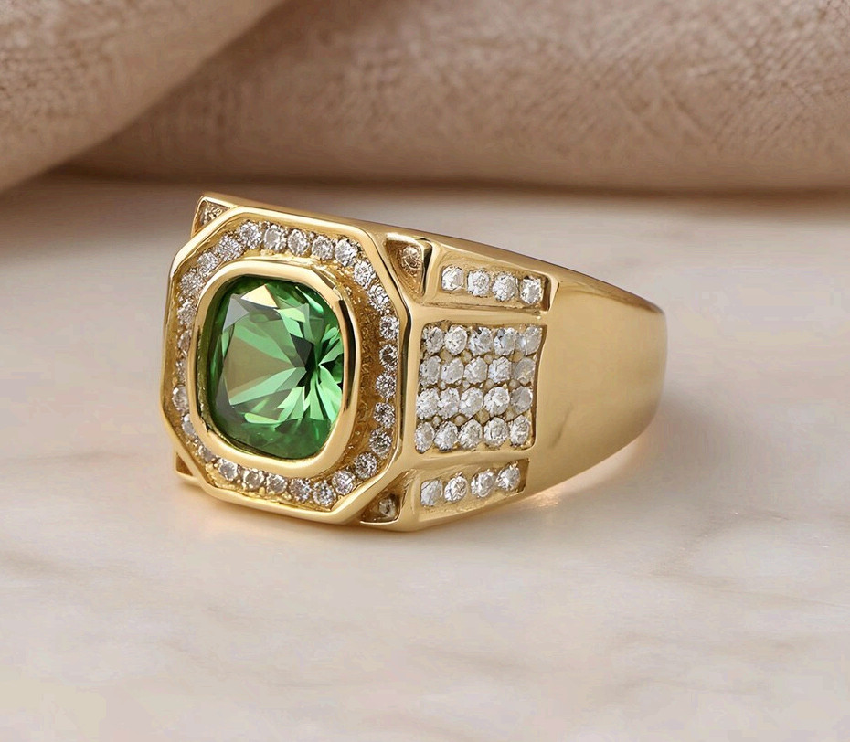 Gold Steel Men Signet Ring Cushion Cut Green Gemstone