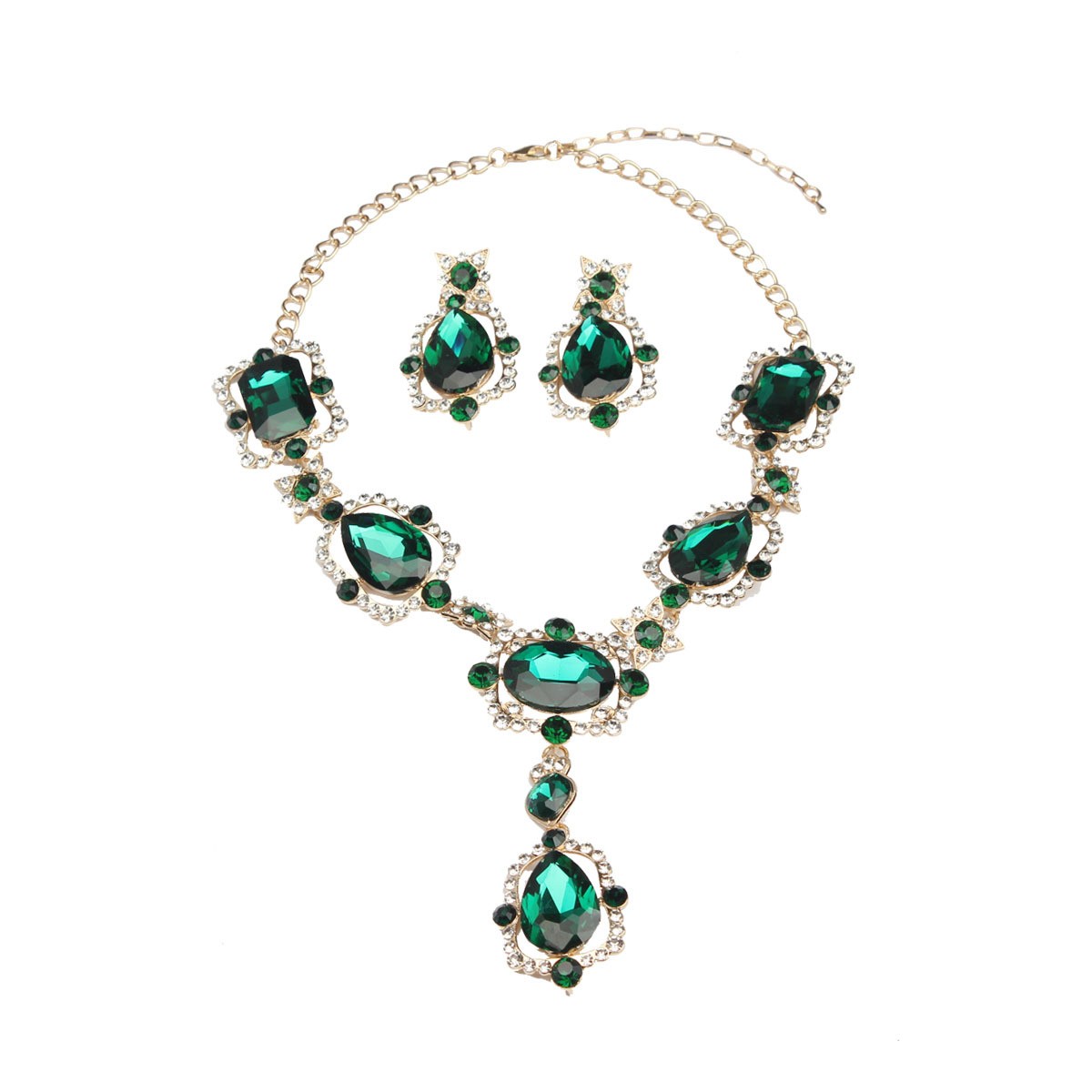 Emerald Green Crystal Jewelry Set Gold Tone Teardrop Rhinestone Necklace Earring