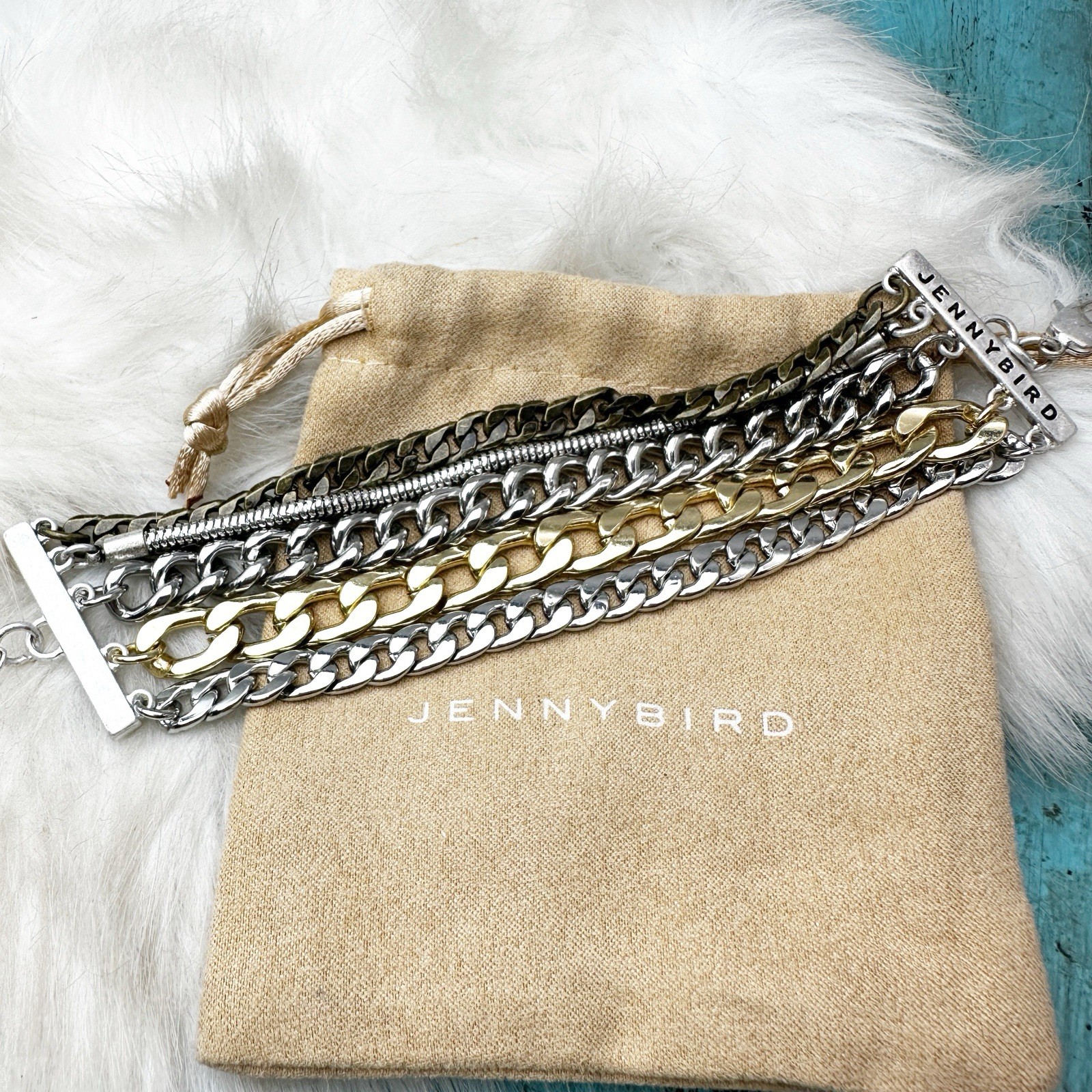 Jenny Bird Gold Silver Multi Chain Statement Bracelet w/ Pouch New w/o tags