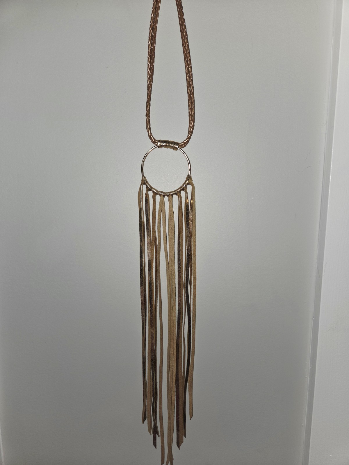Gold Tone Faux Leather Cord Necklace Fringe Tassel Round Pendant Toggle 24″