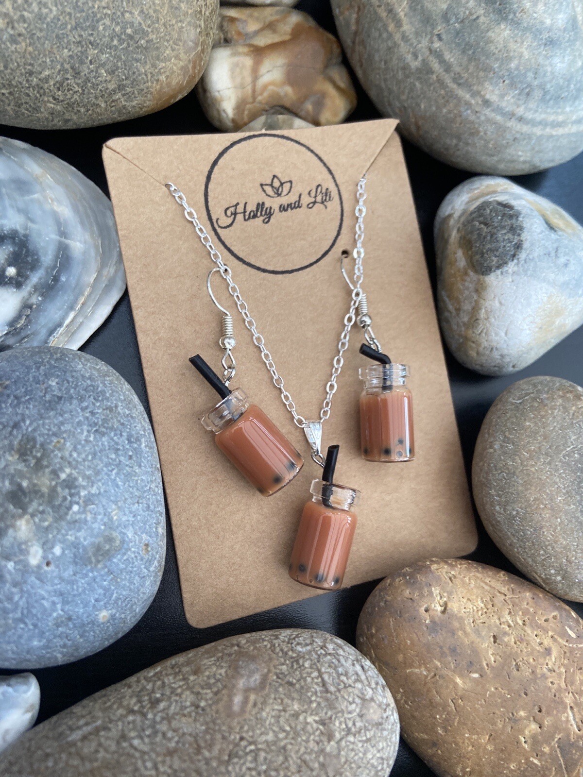 Brown Bubble Tea Boba Novelty Personalised Handmade Necklace & Earring Set