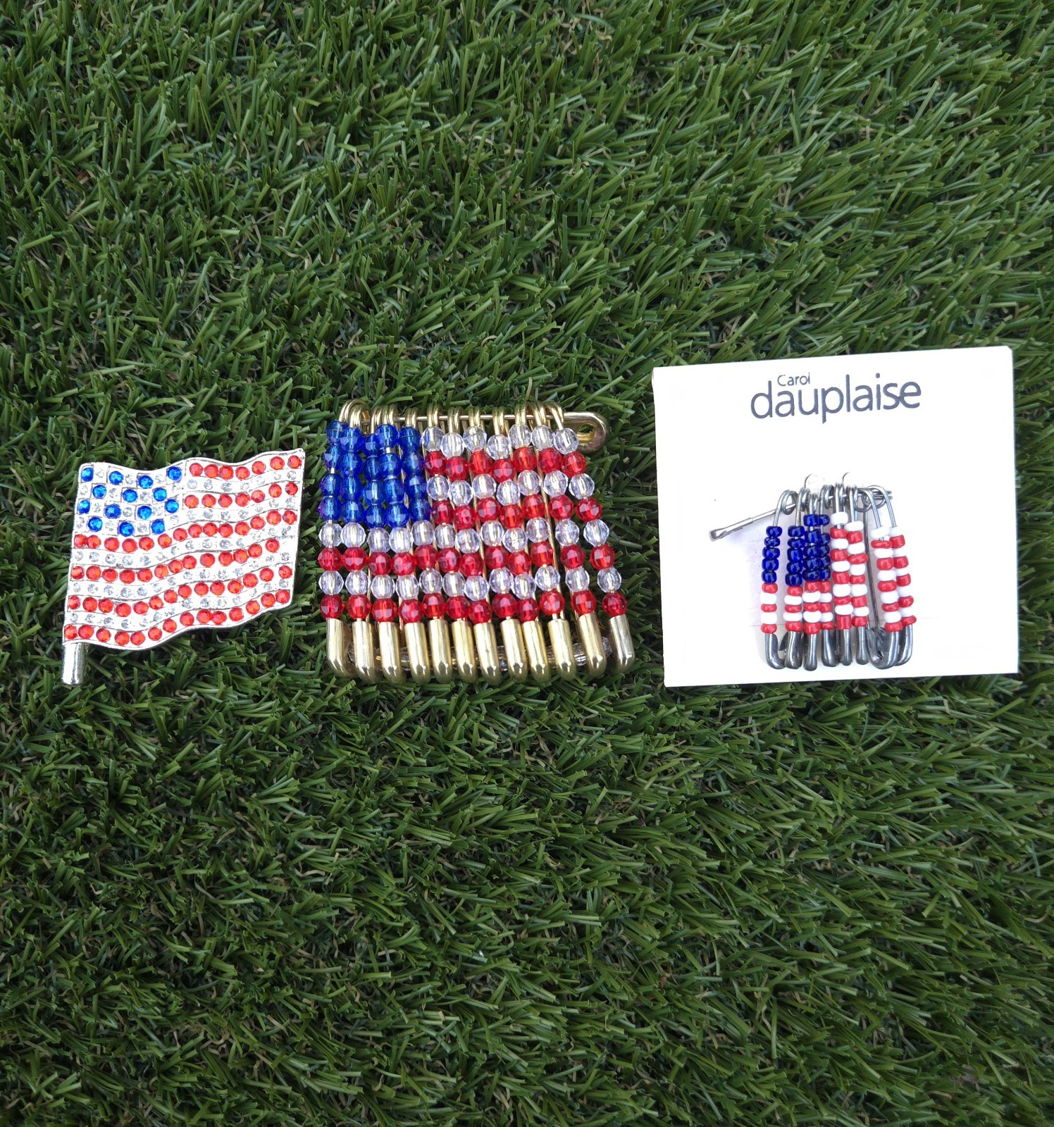 Lot of 3 Vintage Patriotic American Flag Pins Brooch Rhinestone Carol Dauplaise