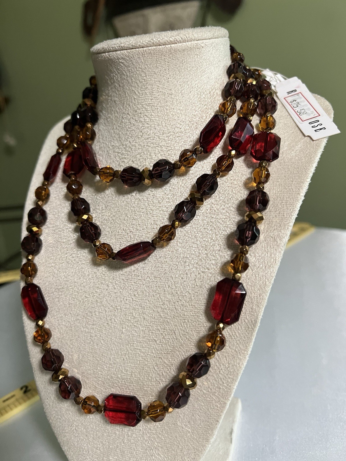 Multi Strand Statement Necklace Autumn Burgundy Amber Faceted Beaded 3 Tier NWT