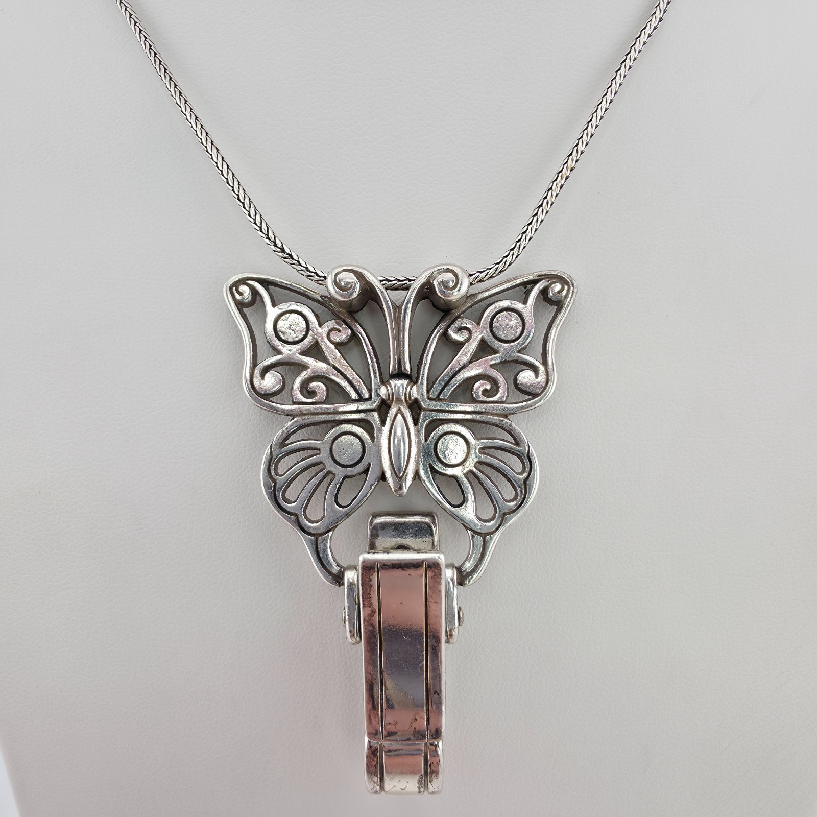 BRIGHTON Butterfly Badge ID Clip Lanyard Necklace Crystal Silver Plate 32″