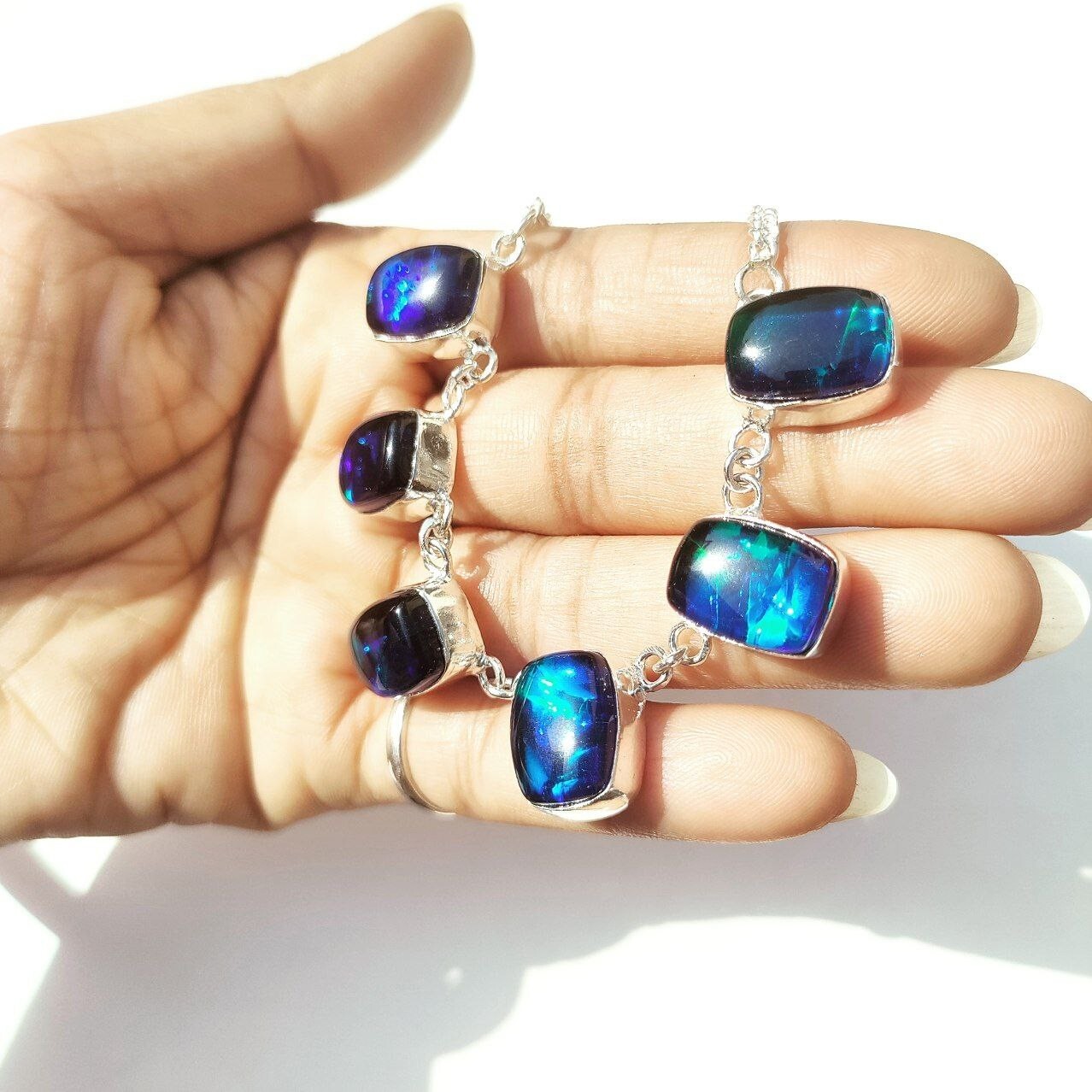 925 Silver Necklace Australian Triplets Opal Gemstone Handmade Jewelry Necklace