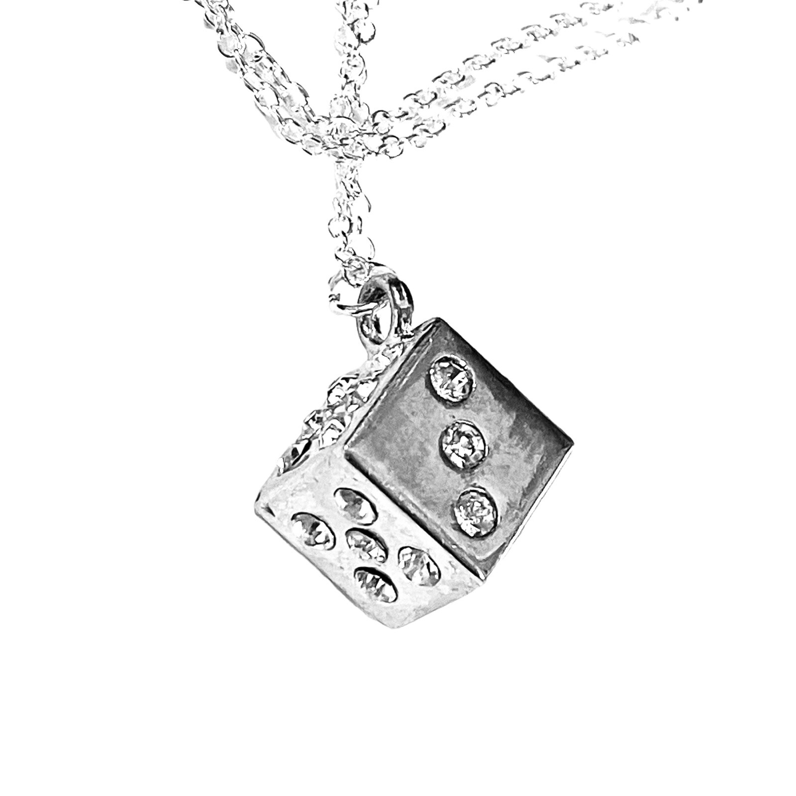 Silver Rhinestone Crystal Encrusted Dice Pendant Necklace on 18” Silver Chain