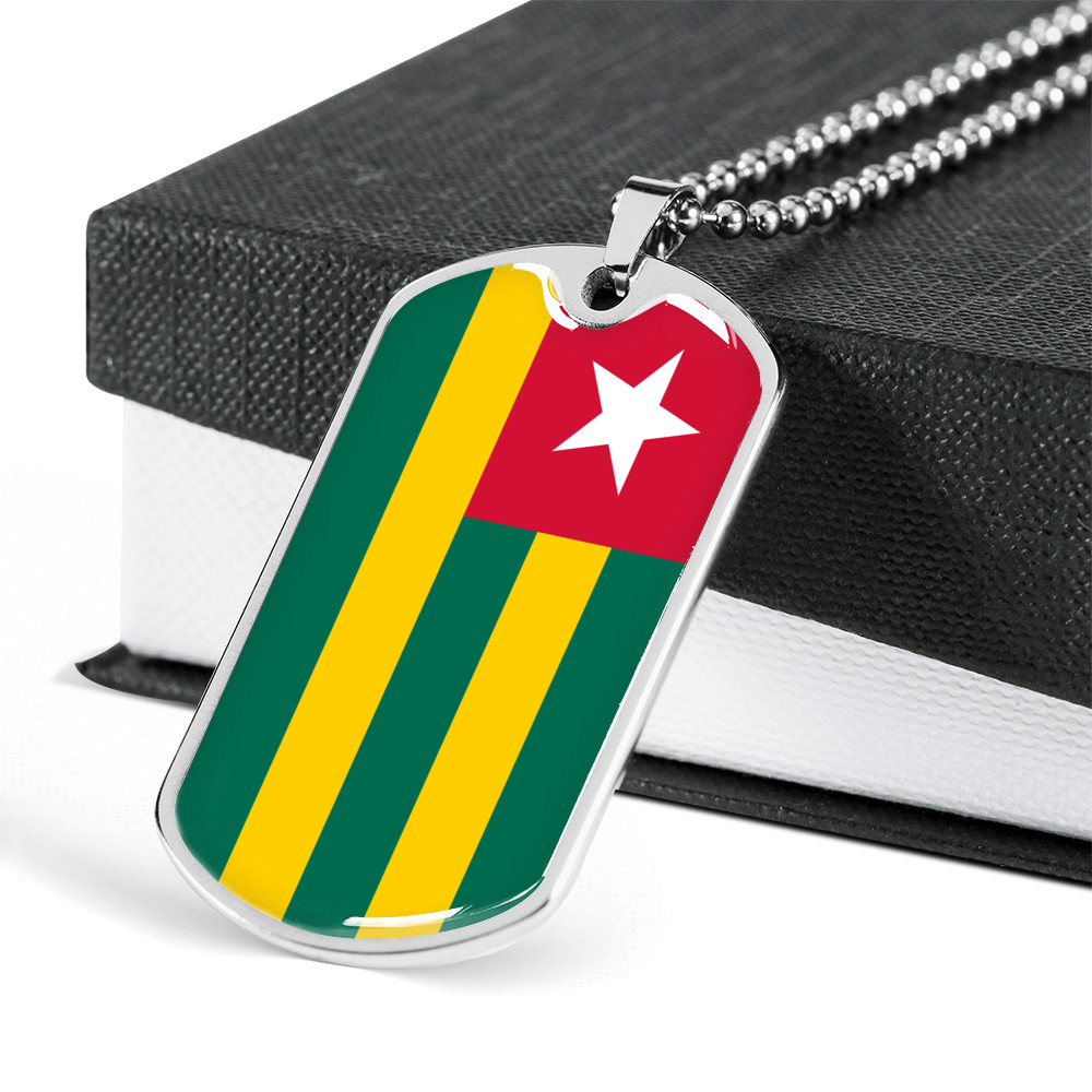Togo Flag Necklace Stainless Steel or 18k Gold Dog Tag 24″ Chain
