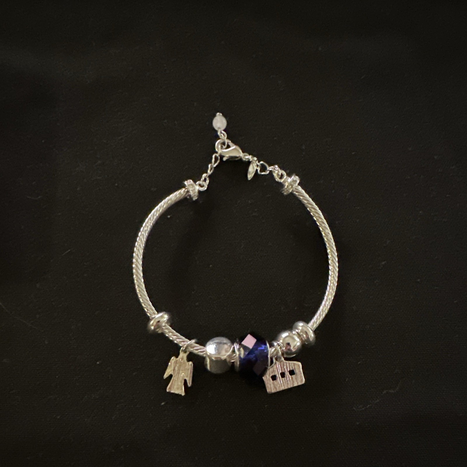 Avo STUDIO 1886 Silver Tone Snake Chain Charm Bracelet Blue Bead Lobster Clasp