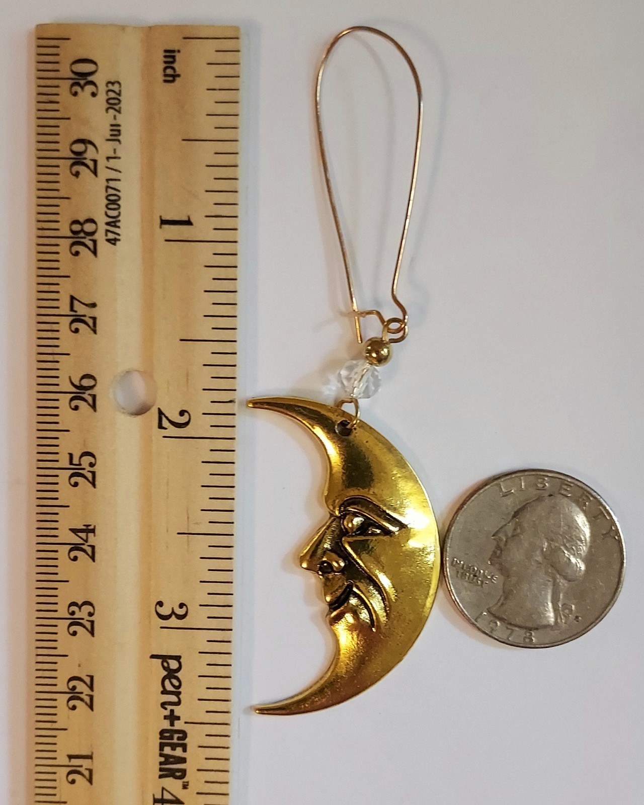 Moon Face Dangle Earrings Gold Tone Celestial Crescent Moon Statement