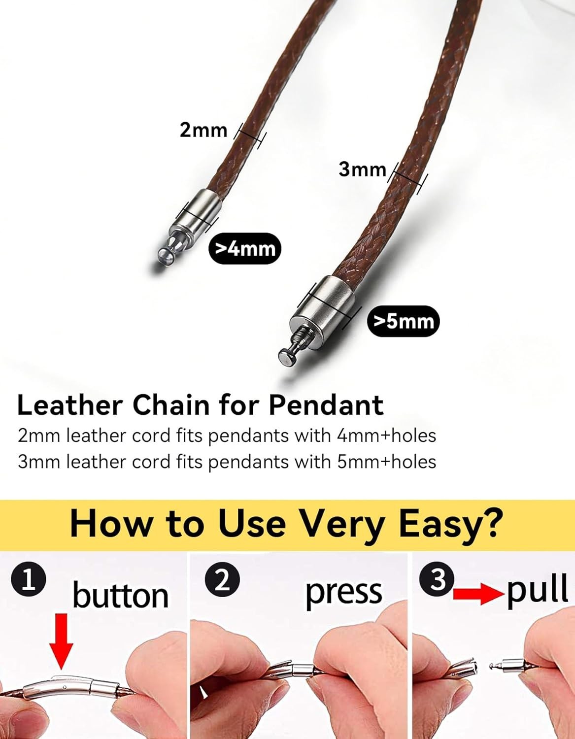 Braided Leather Necklace Cord with Push Button Clasp for Pendants 16-30 Inches