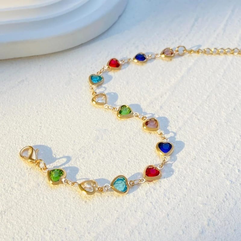 Colorful Heart Charm Bracelet Adjustable Stainless Steel Gold Tone Silver Tone