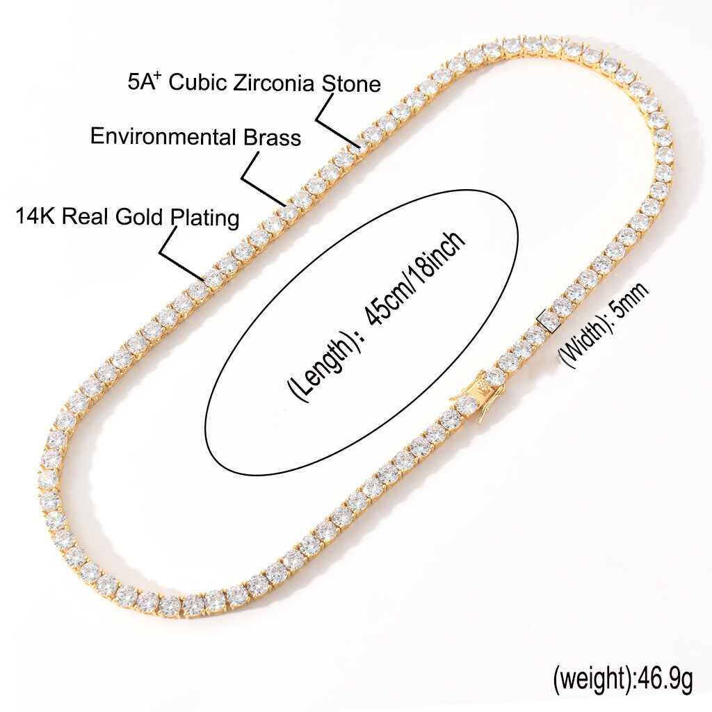 6″-24″ Hip Hop Necklace Bracelets 5A CZ Diamonds Real Gold Plated Tennis Chain
