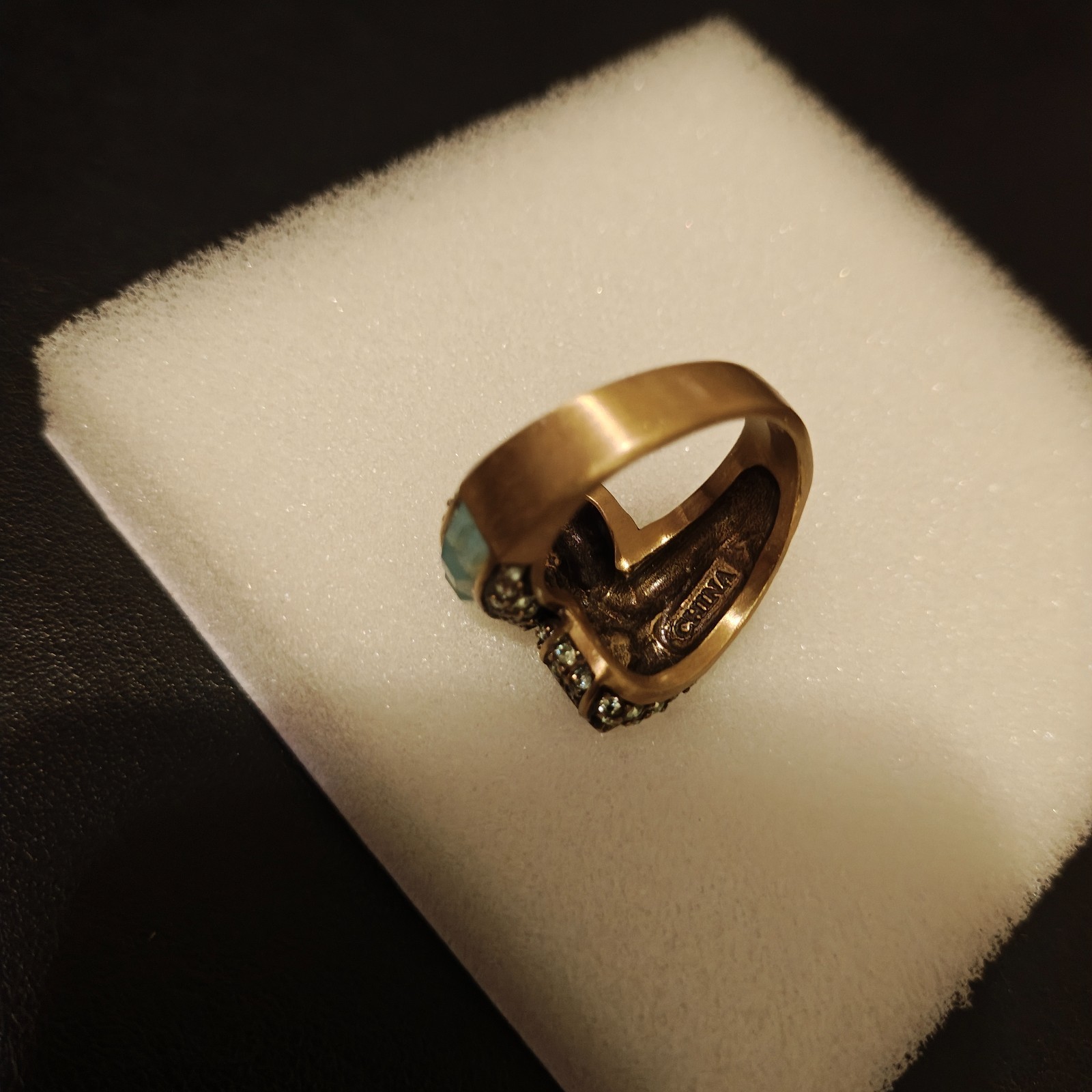 Heidi Daus Signed Bronze Art Deco Hoop Earrings Faux Turquoise Crystal Pair