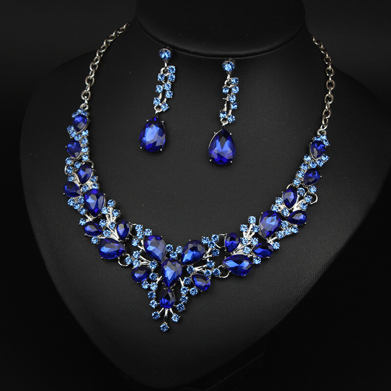 Crystal Gem Necklace Earrings Bridal Jewelry Set Statement Christmas Party Gift