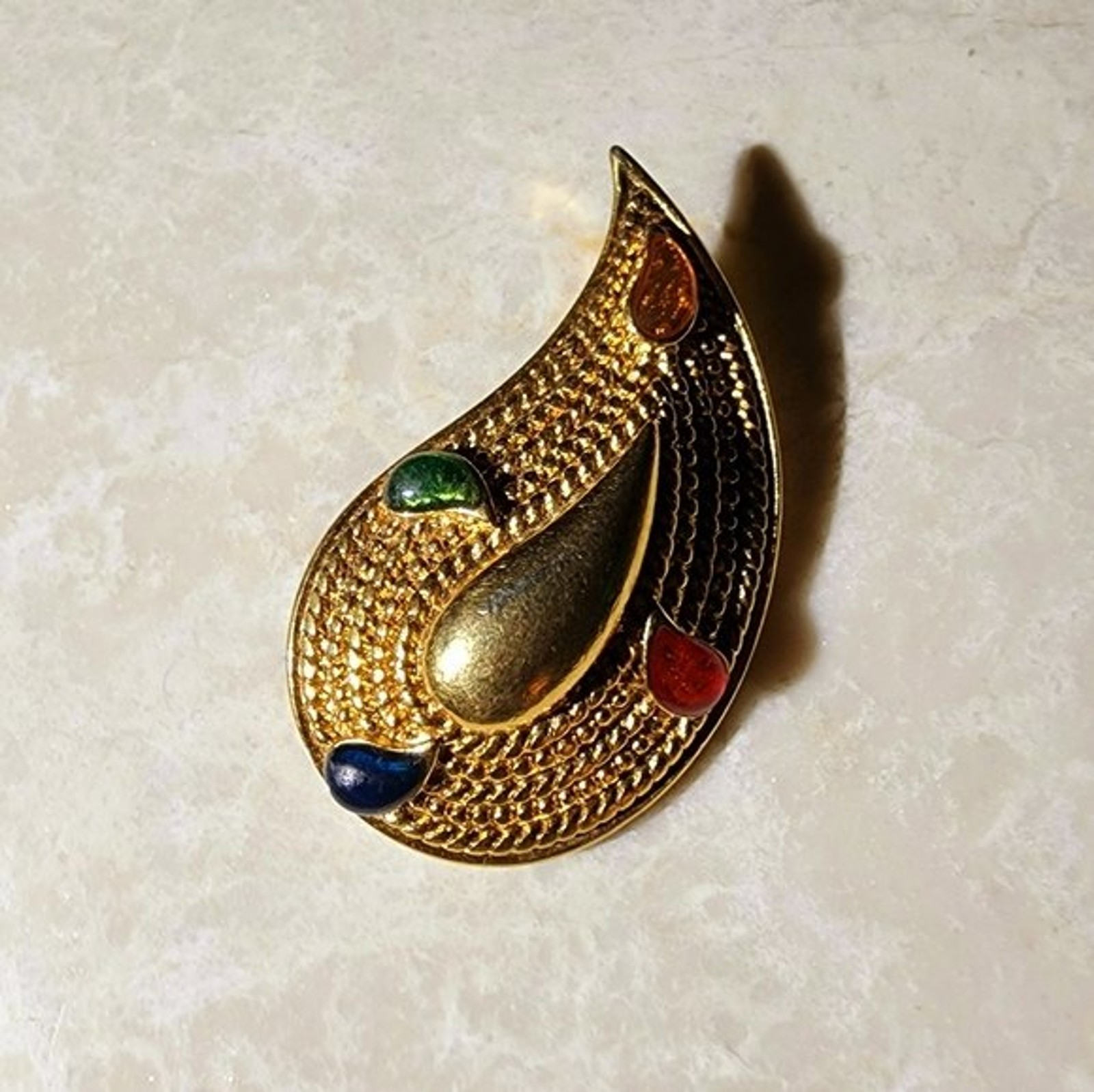Vintage Avon Gold Paisley colorful gemstone brooch