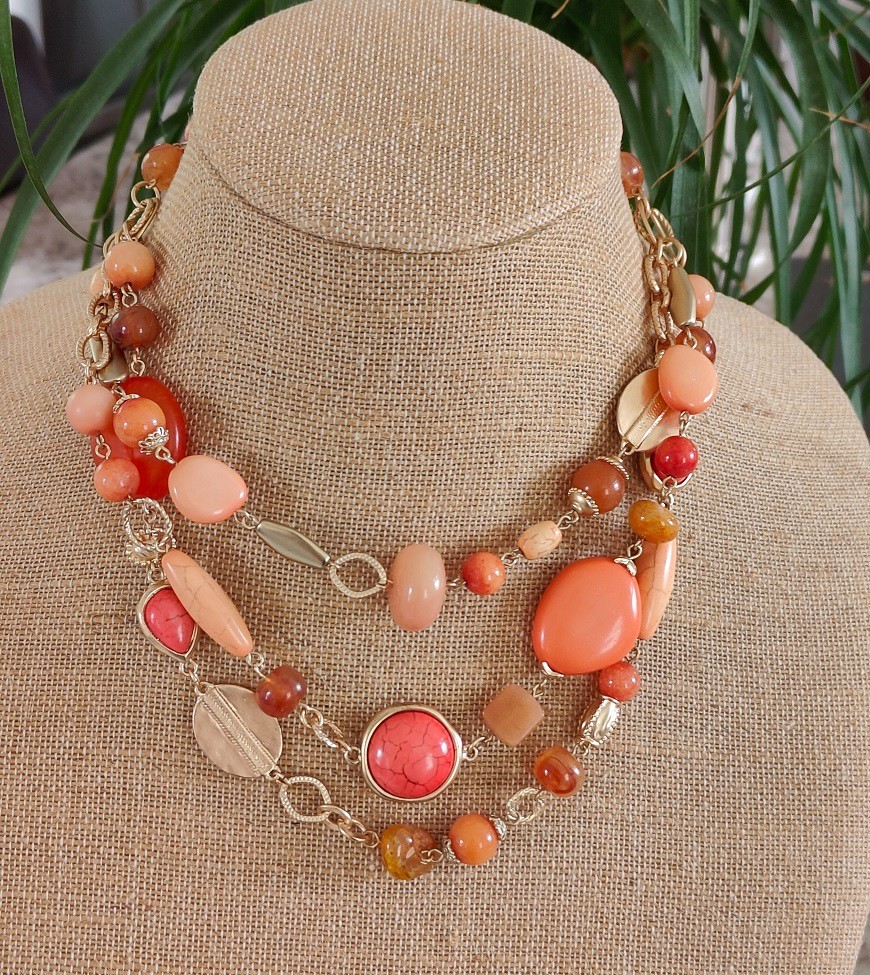 Chico’s Chunky 3 Strand Statement Necklace Coral Orange Gold Tone Boho