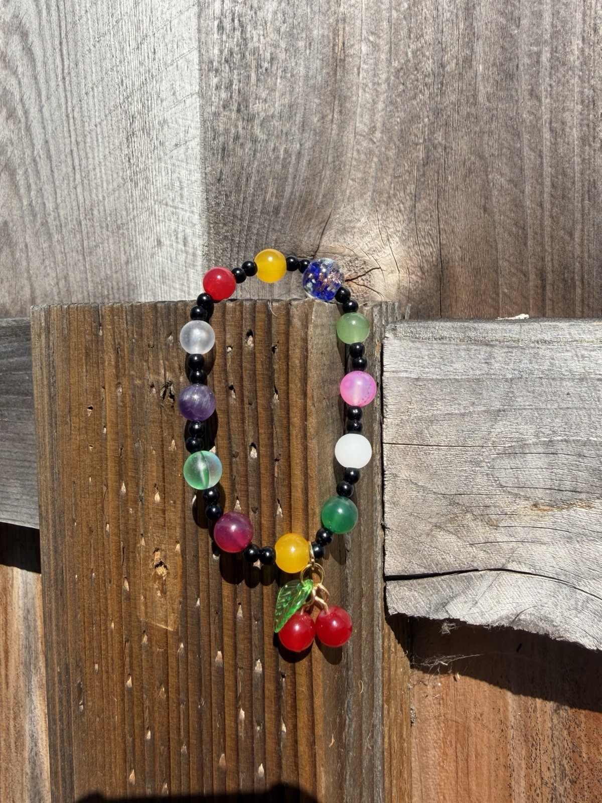 Multicolor Beaded Stretch Bracelet Cherry Fruit Dangle Charm Stone Glass