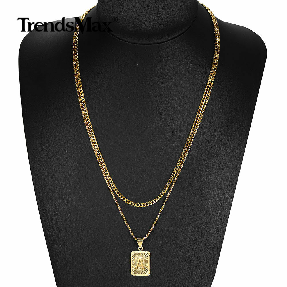 14K Gold Plated Rectangle Letter A-Z Pendant Necklaces (Curb/Box Chains+Charm)