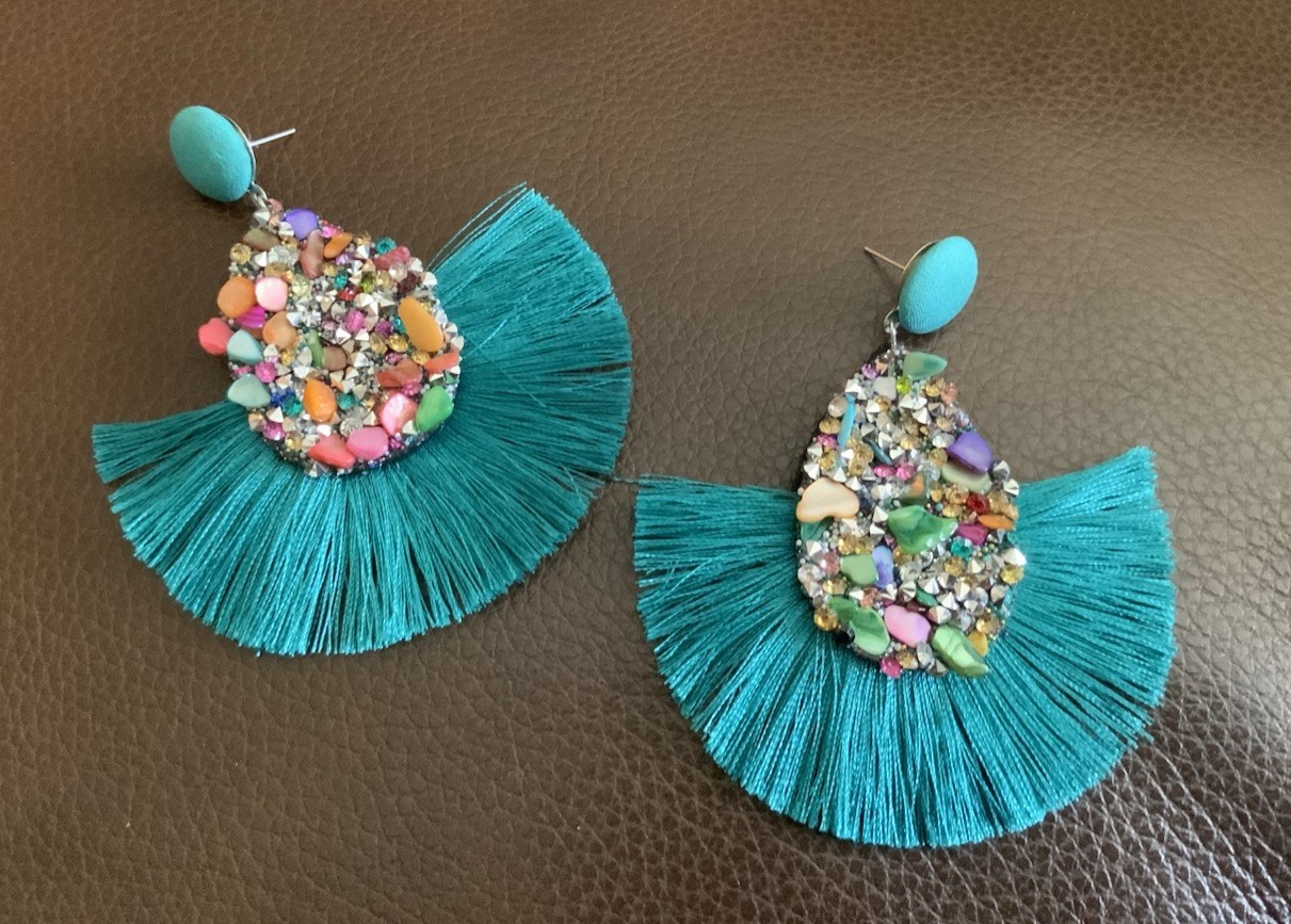 Ettika Turquoise Boho Tassel Statement Earrings Turquoise Fringe Crystal CZ Glam
