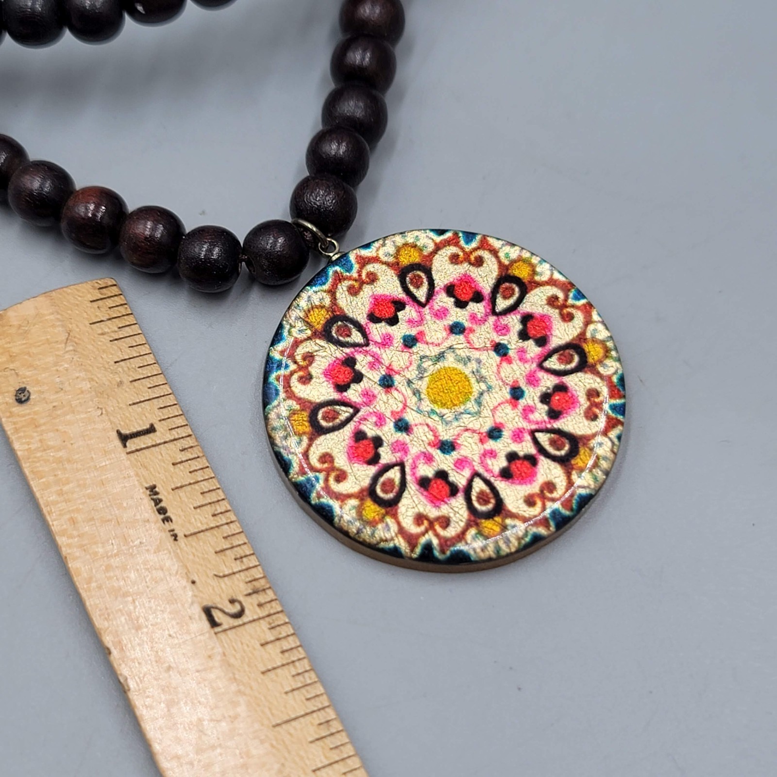 Wood Bead Necklace Mandala Round Pendant 30 in