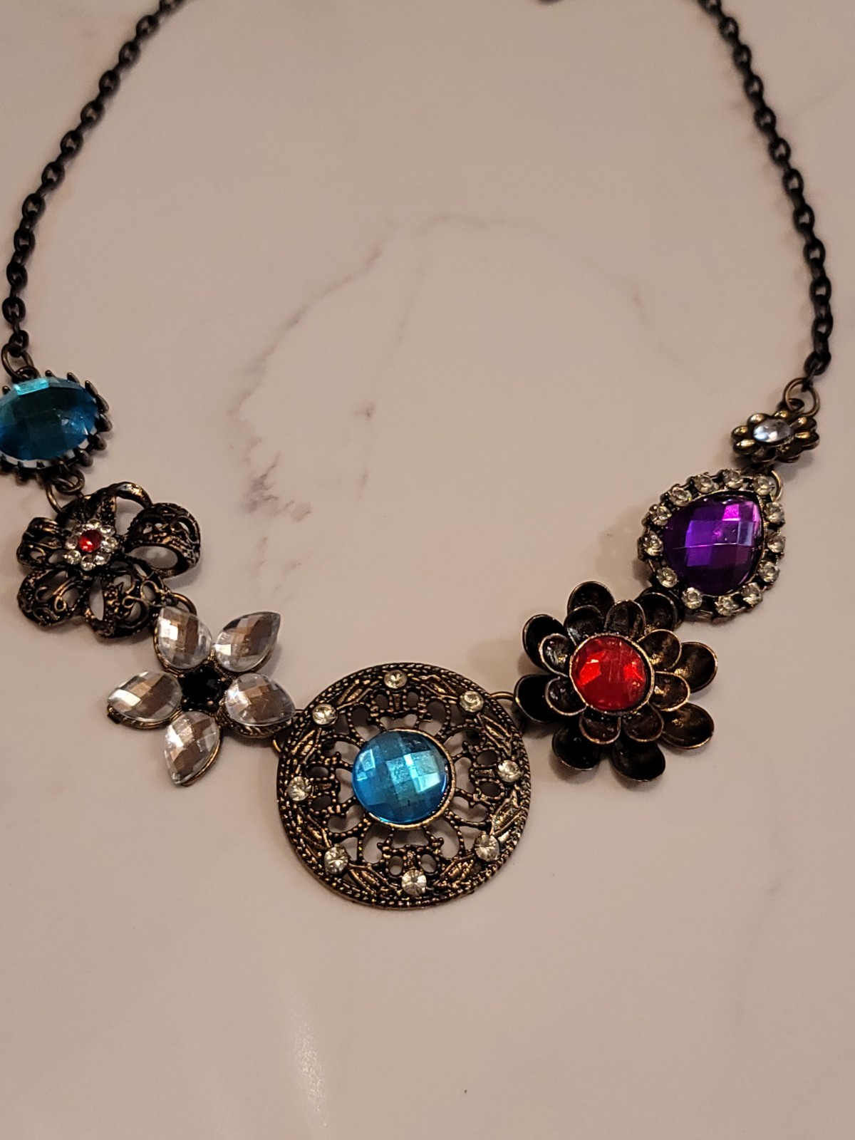 Betsey Johnson Floral Statement Necklace Blue Purple Red Crystal 18″ Signed