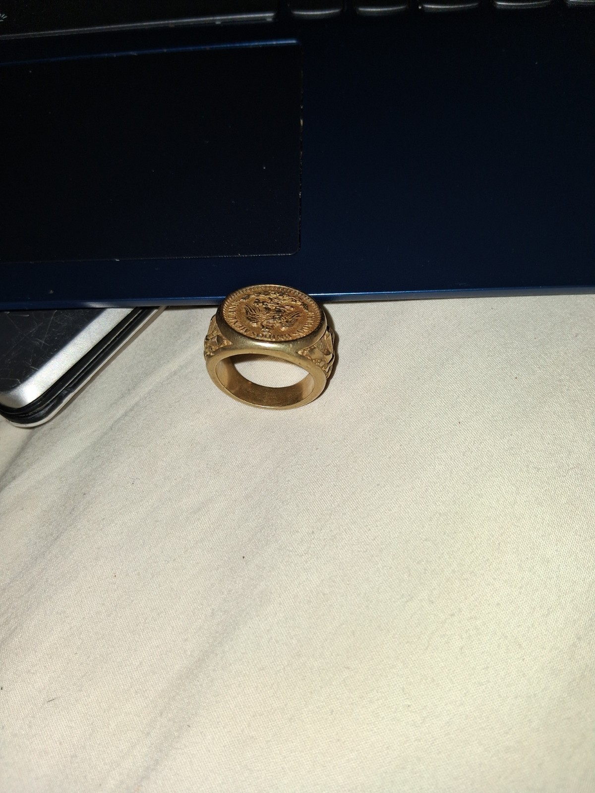 14K Yellow Gold Engraved Signet Ring Size 11, No Stone, Coin-Style Face