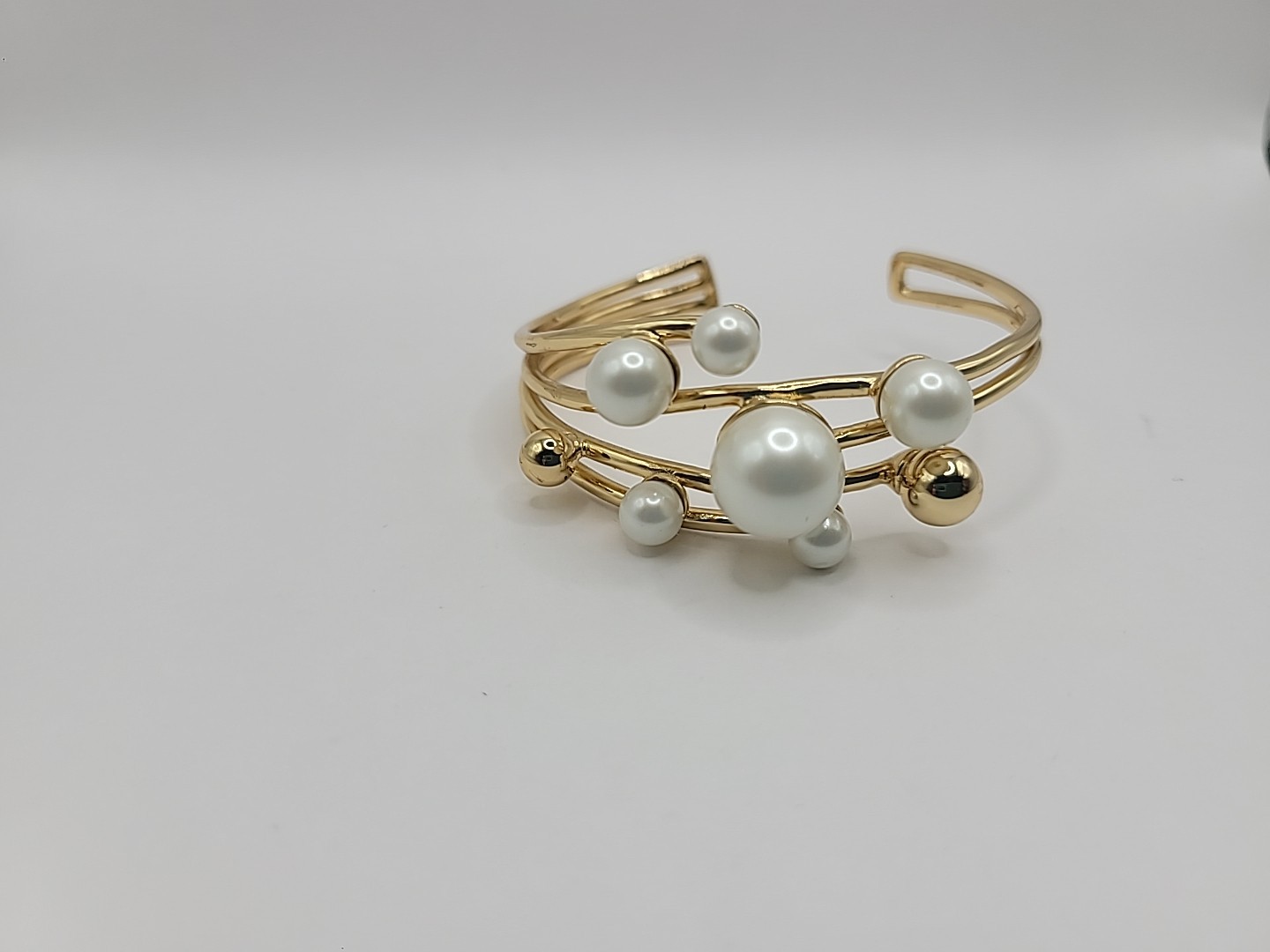 Gold Tone Faux Pearl Cuff Bracelet Multi Strand Open Bangle Statement Elegant
