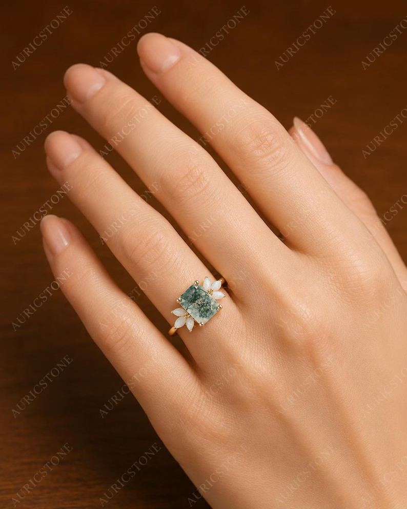 Lab Created Green Moss Agate Ring, Base Metal: Brass Finish: Gold Plated