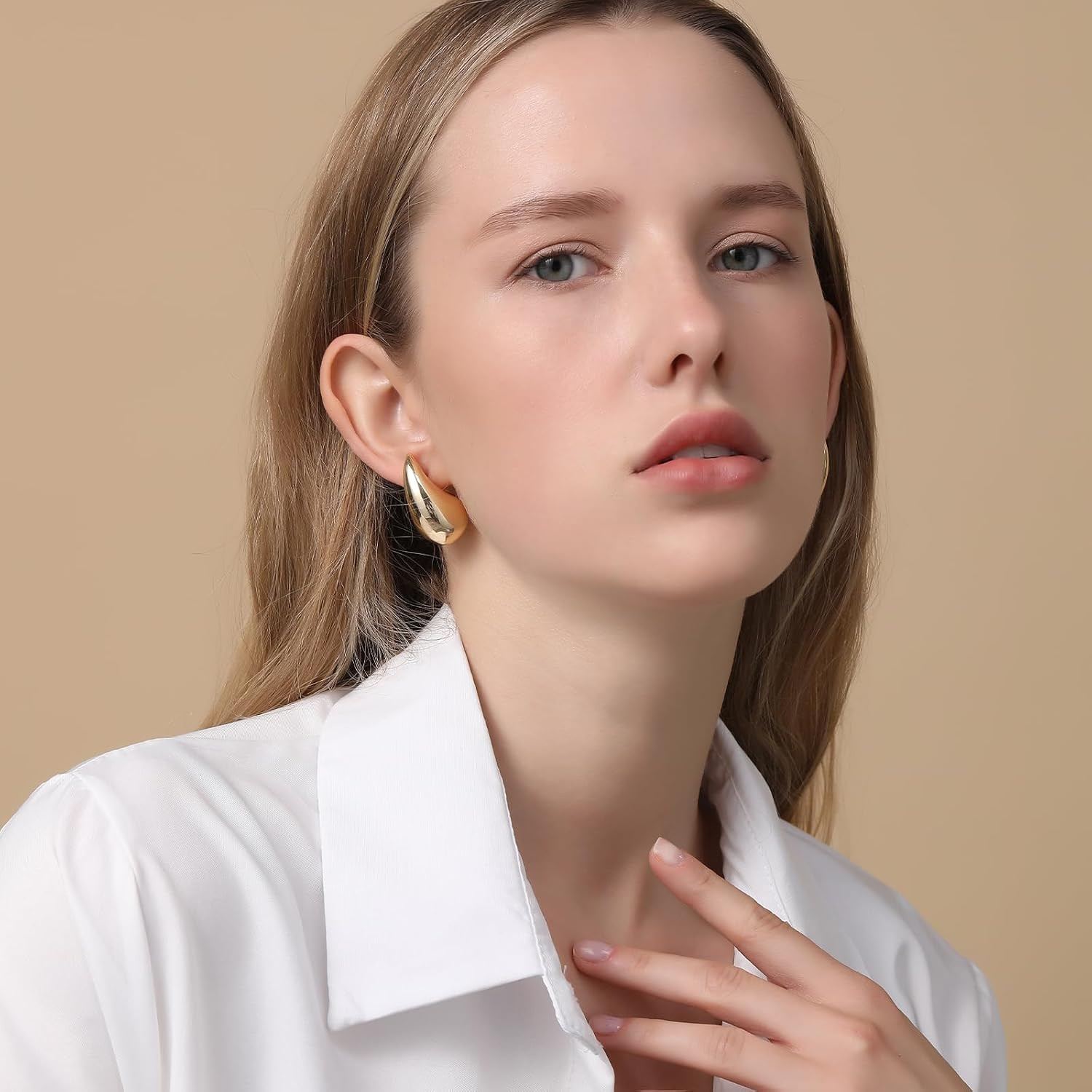 Chunky 14K Gold Plated Hoop Earrings for Women, Lightweight Waterdrop Hollow Ope