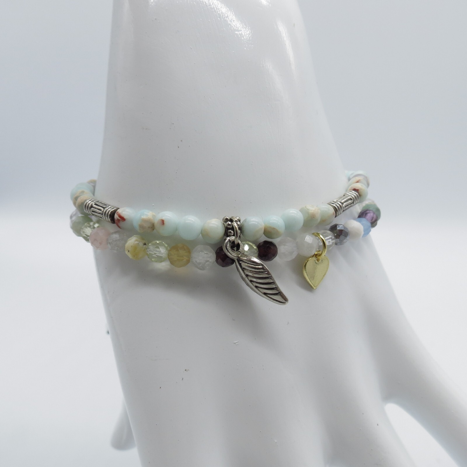 2Pc Dainty Blue Stone Beaded Bracelet Cute Boho Everyday Wear 6.5″