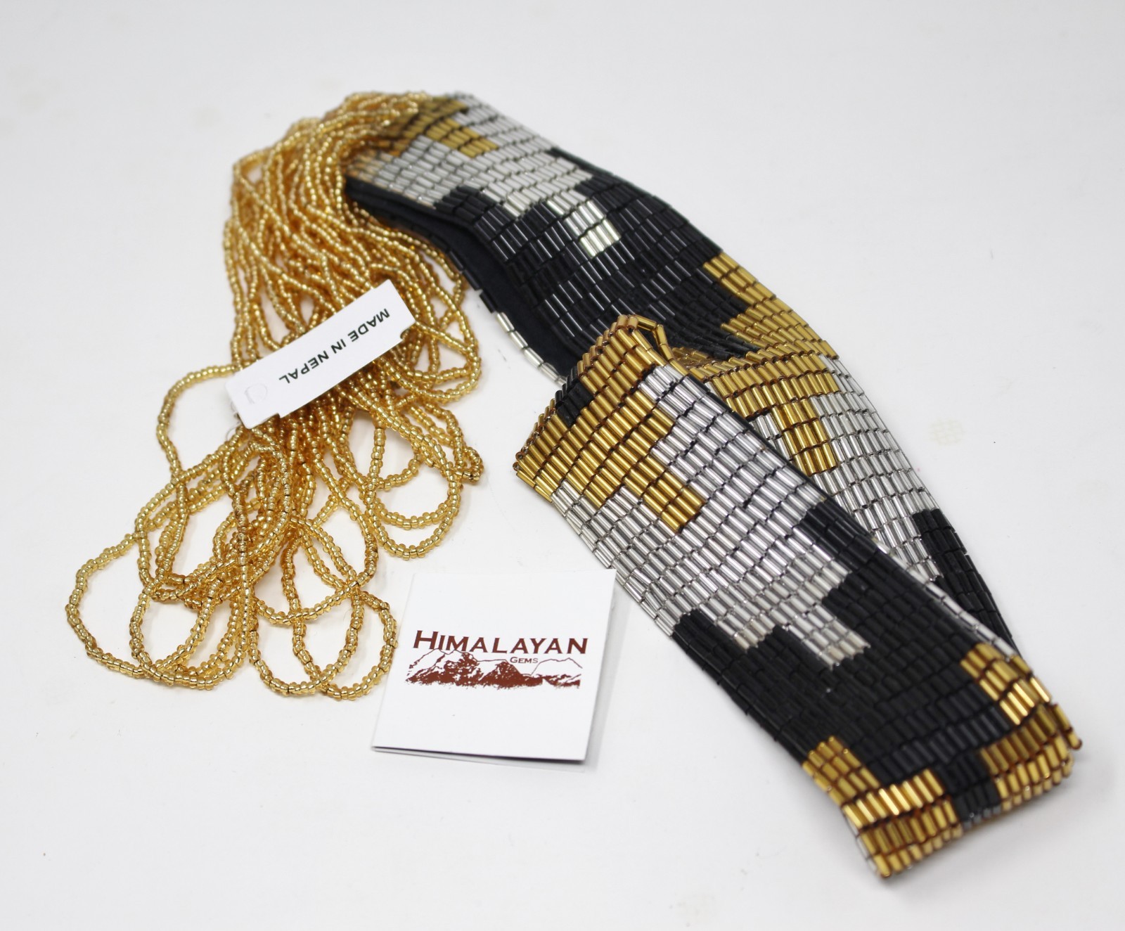 Himalayan Gems Necklace NEW Waterfall Potay Metallic Bead Waterfall Black Gold